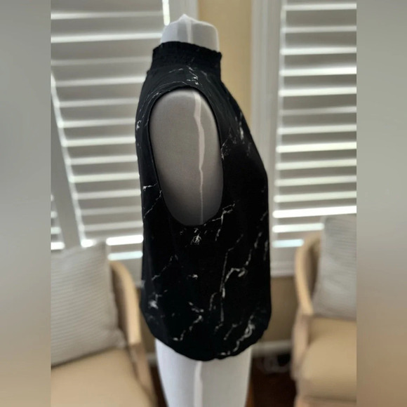 Express | Black Marbeled Sheer Smocked Neck Open Back Sleeveless Blouse - Size M - Picture 3 of 5